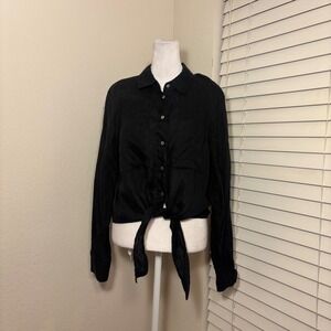 Magaschoni size L black linen button down tie front‎ cropped blouse lagenlook